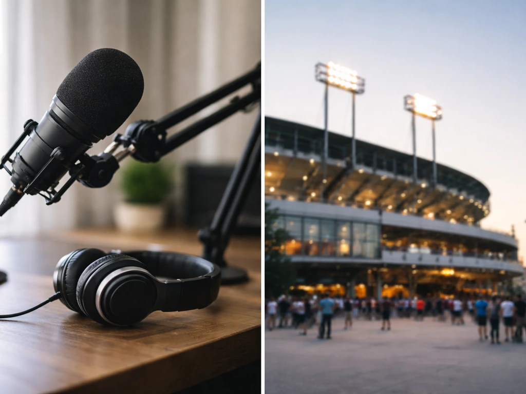 Minimal split-scene showing radio/press identity cues: studio mic and a sports stadium exterior in soft light.