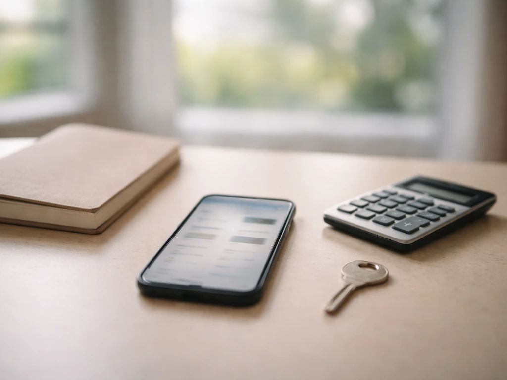 Minimal desk with calculator, notebook, and blurred phone finance screen symbolizing net worth estimation.