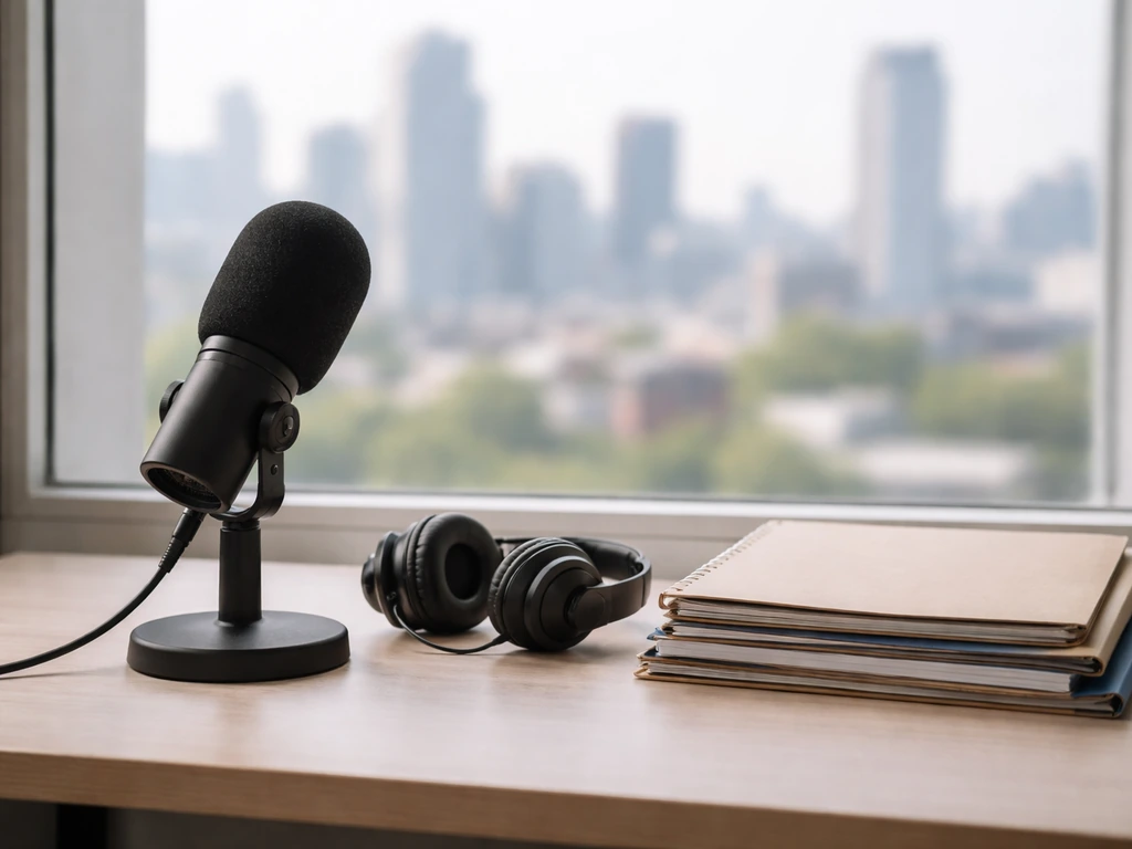 Anonymous media desk with microphone and business folders by a window overlooking a city skyline
