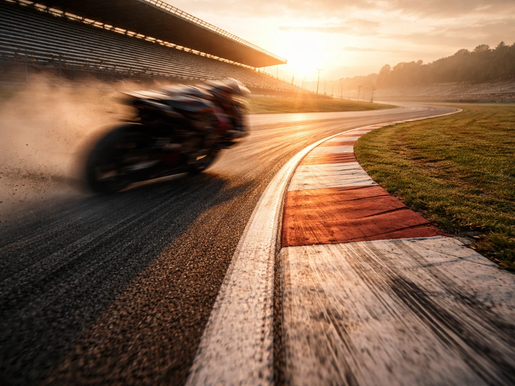MotoGP-style racetrack scene with blurred motion and empty start grid, evoking racing and financial stakes