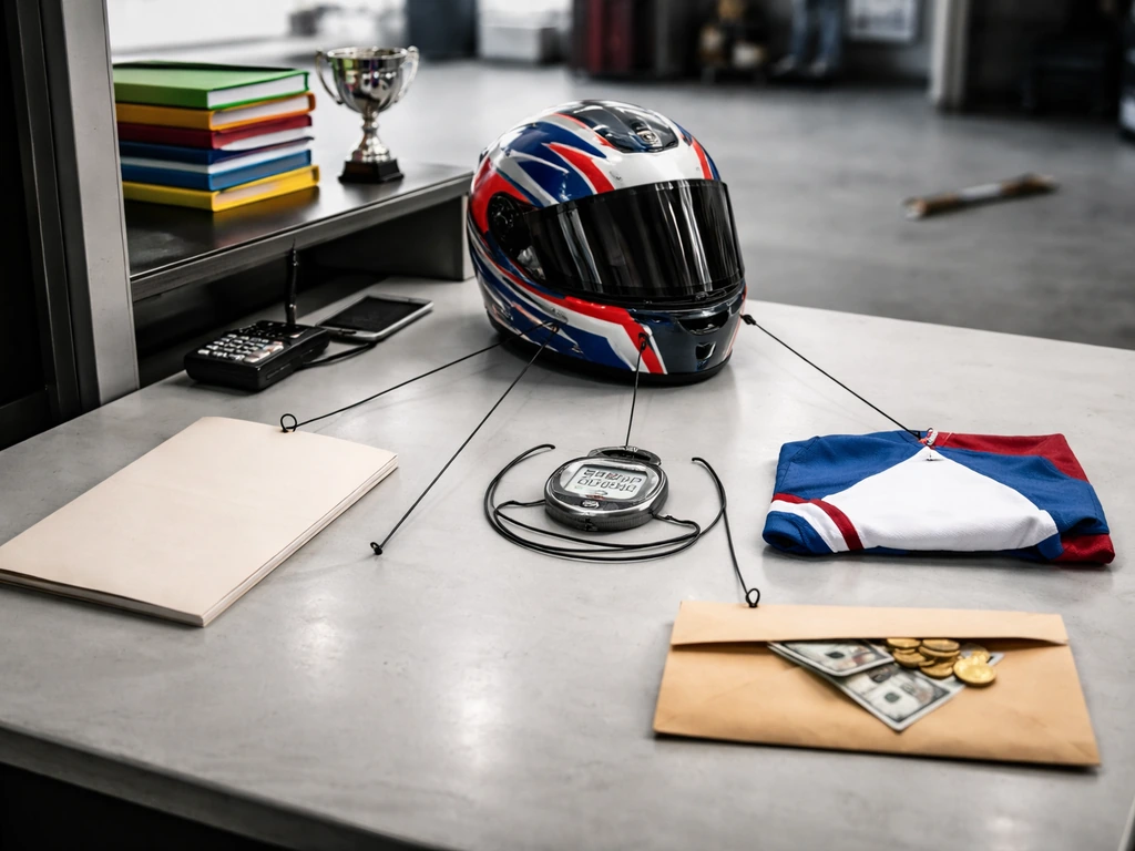 MotoGP garage desk with helmet, envelopes, stopwatch, sponsor fabric, and trophy symbolizing income streams
