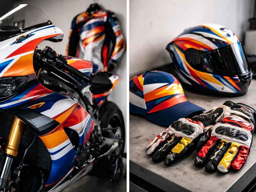 Split image showing a MotoGP bike with sponsor-like branding on the left and branded gear on the right