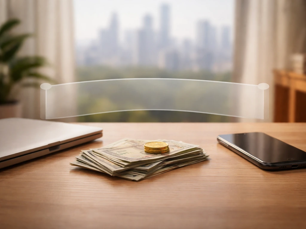 Minimal desk scene with soft “range” visual framing around a money symbol, hinting at a footballer net worth estimate
