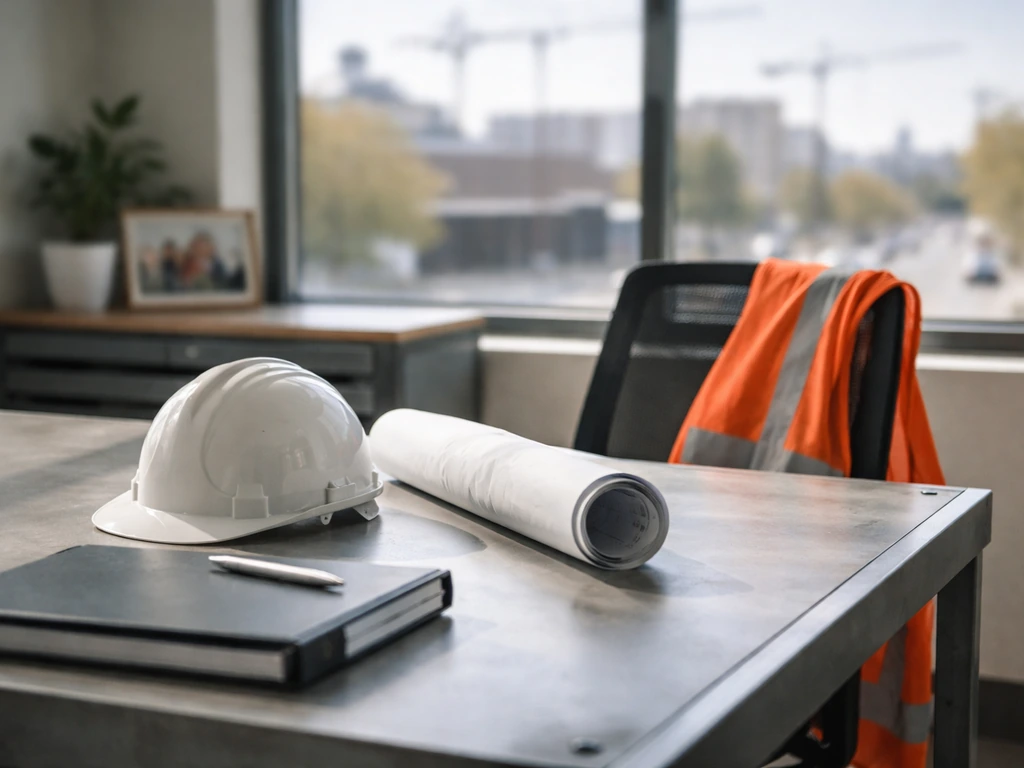 Minimal photo of a tidy Perth construction office desk with steel industry cues and a family business vibe.
