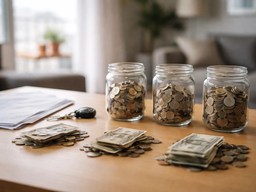 Minimal desk scene with coins, financial papers, and property-related items suggesting net-worth estimation variation.