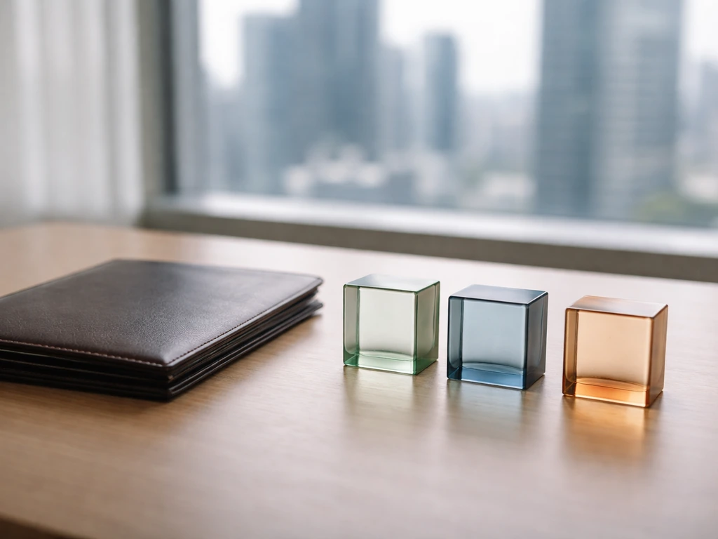 Minimal desk scene with portfolio and three unlabeled glass blocks symbolizing separate income streams.