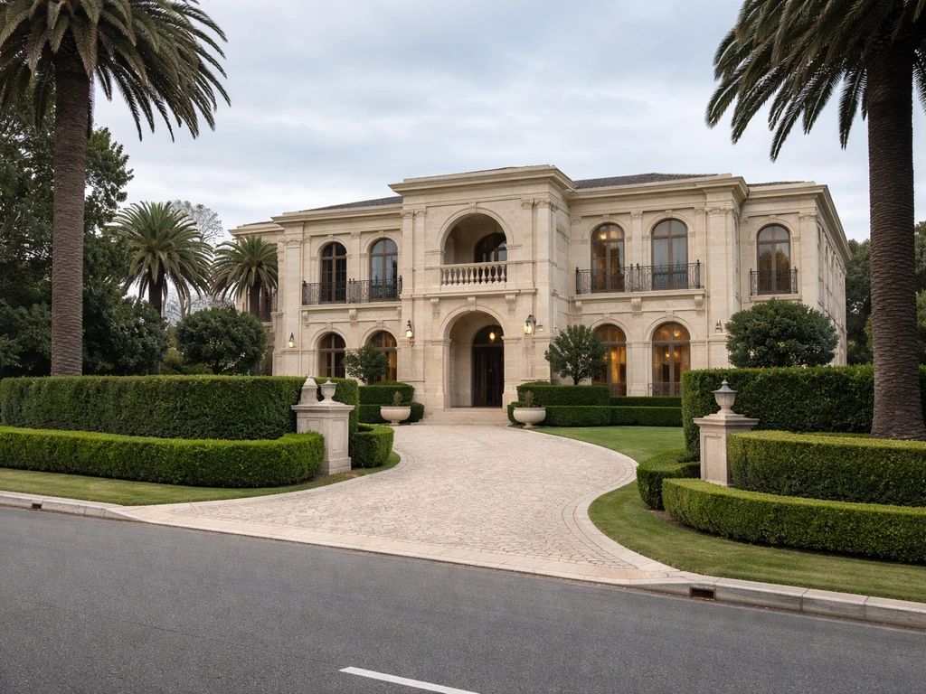 Luxury Dalkeith mansion exterior on a quiet Perth residential street with hedges and driveway