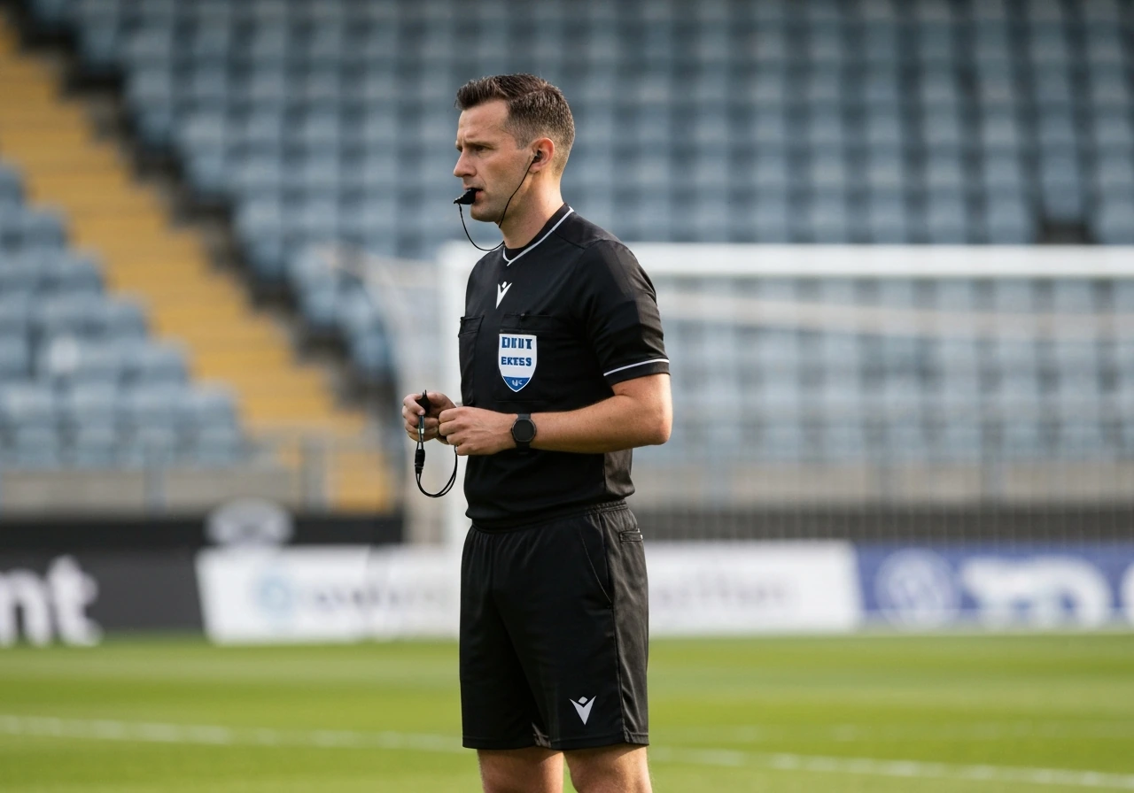 Match referee in black official gear standing on a football pitch, whistle in hand, stadium blurred behind.