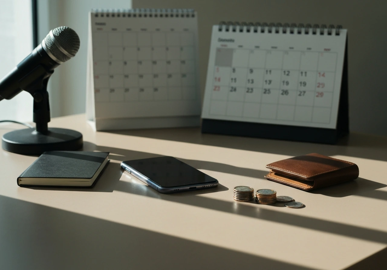 Minimal photo of a business desk with a microphone and calendar, suggesting career milestones and growing wealth.