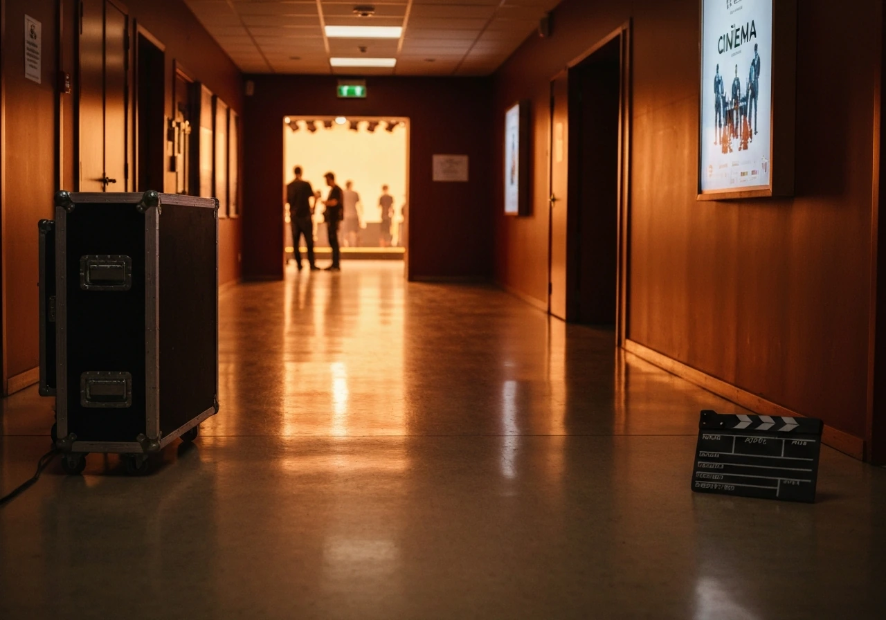 Empty French film set corridor with warm lights and a subtle luxury poster wall backdrop