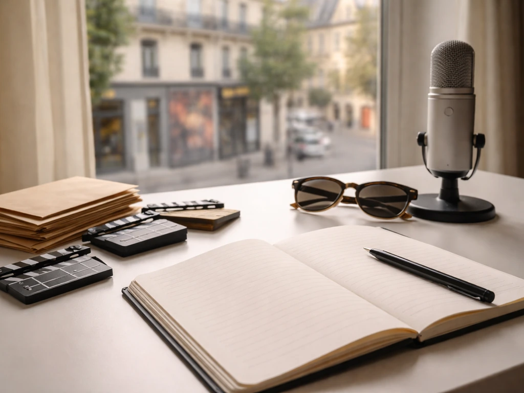 Minimal desk scene with film clapperboard pieces, microphone, and luxury items hinting at a media career timeline.