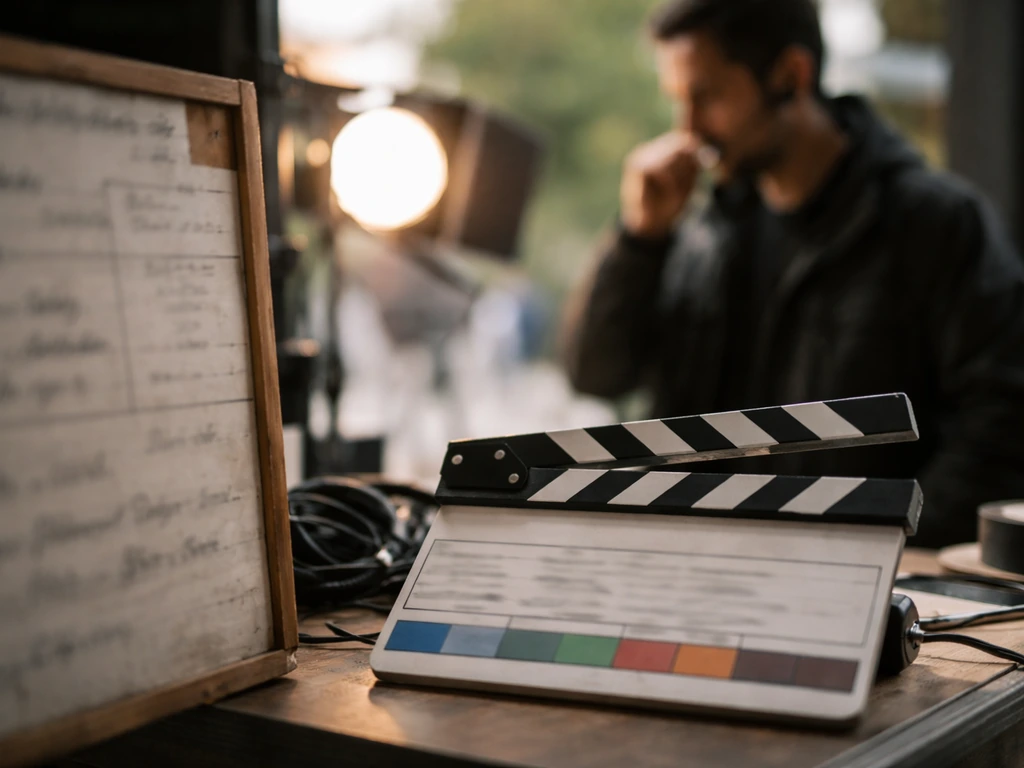 Clapperboard and production board on a French film set with an indistinct crew/actor in the background.