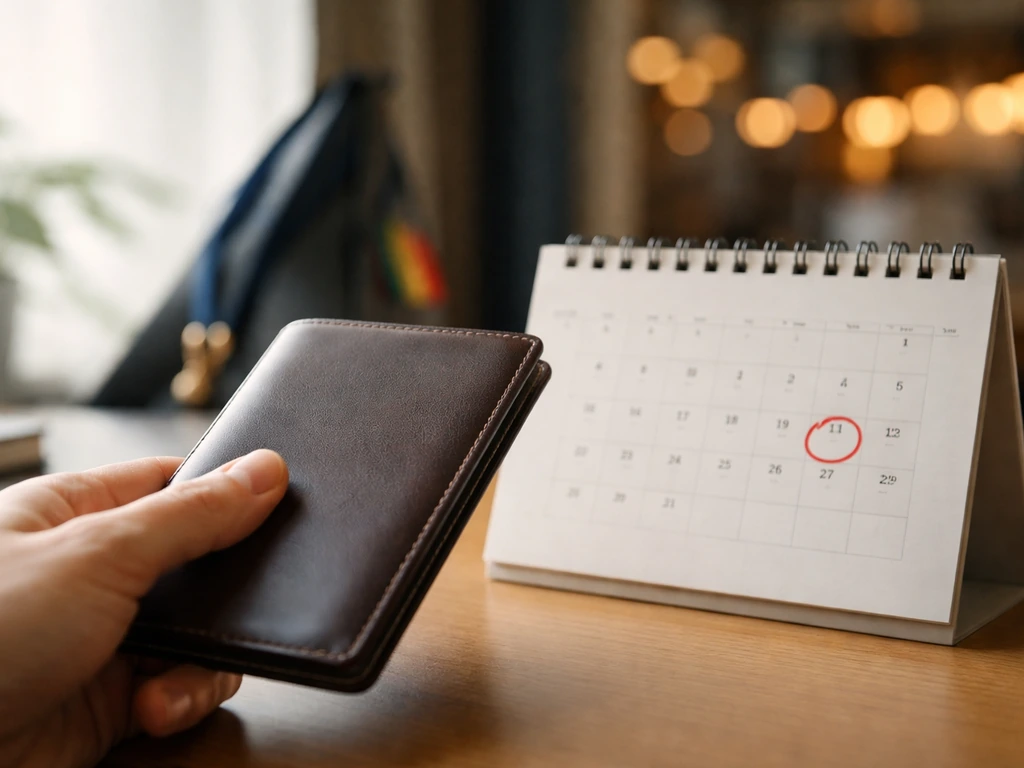 Anonymous hand holding a passport folder next to a desk calendar date, symbolizing identity verification.