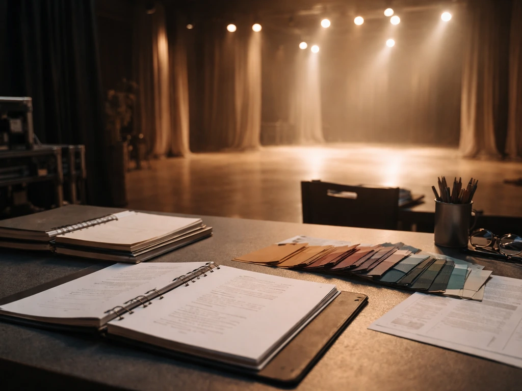 Behind-the-scenes rehearsal workspace with stage fabric swatches and binders, softly lit rehearsal room in background.