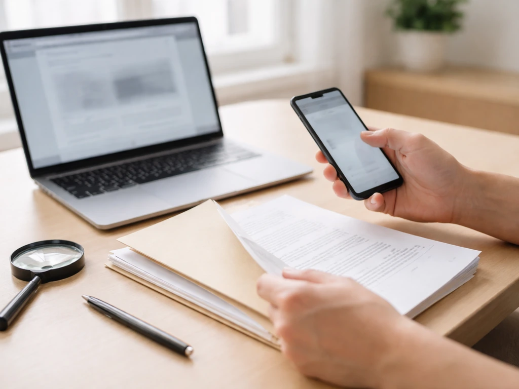 Hands review printed documents with a phone and magnifying glass in a simple office desk setup.
