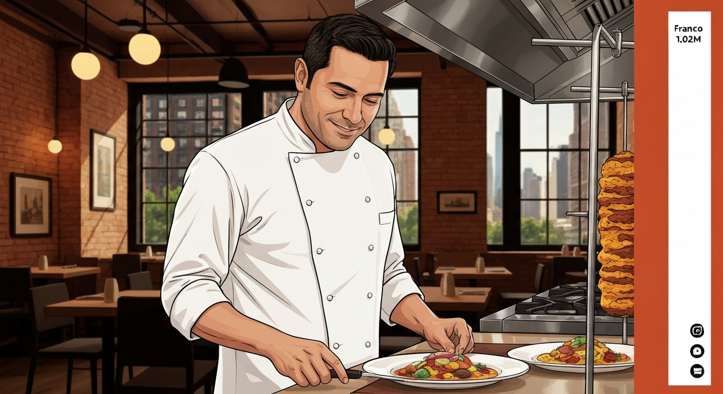 Stylized editorial illustration of Franco Noriega cooking in a warm NYC restaurant kitchen with an Instagram follower overlay, magazine-style banner