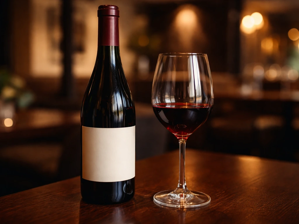 Close-up of a premium wine bottle and red wine glass on a dark wooden table.