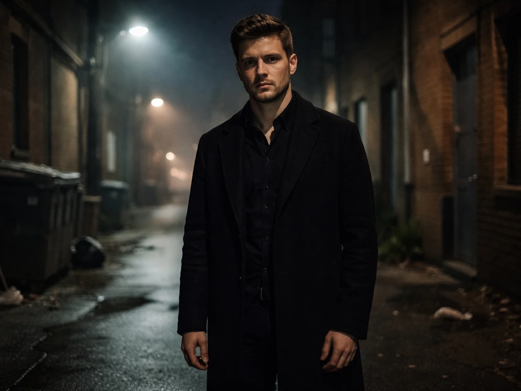 Anonymous man in a dark overcoat in a dim city alley at night, serious expression, minimal background.