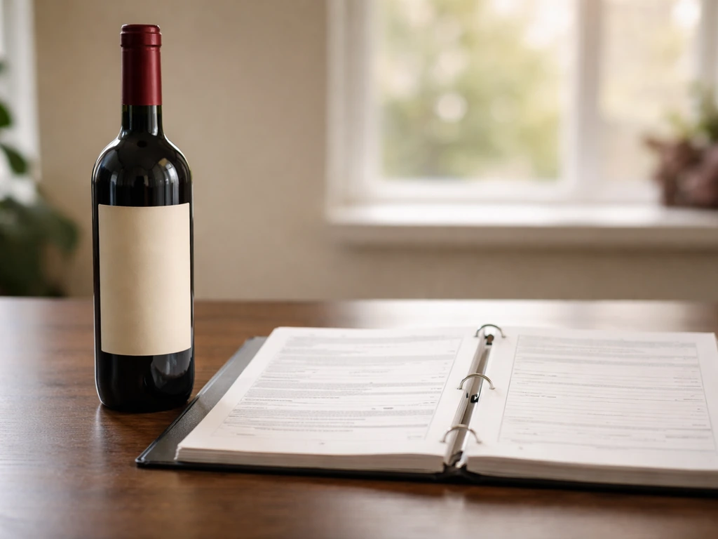 Minimal desk scene with an open financial filing binder beside a wine bottle and soft grape-themed bokeh.