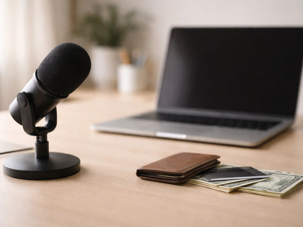 Minimal desk scene with a laptop and studio microphone beside scattered cash and credit cards, symbolizing confidence le