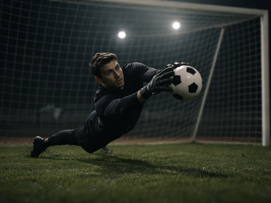 Anonymous goalkeeper diving to save a shot in front of the goal net in a dim stadium.