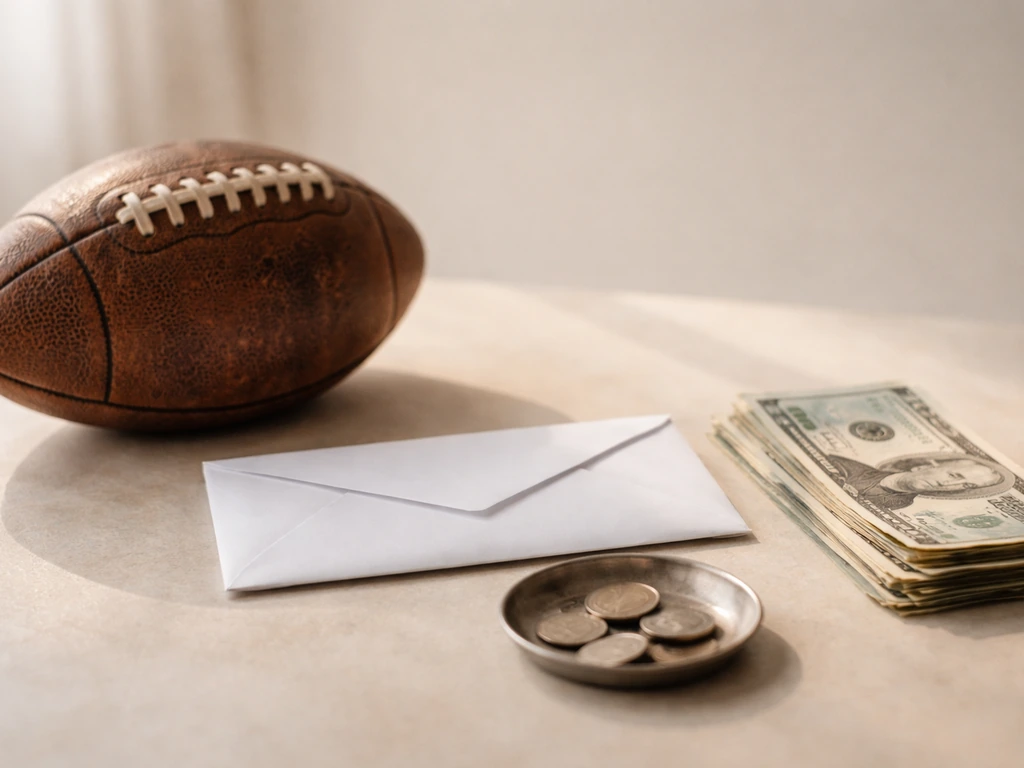 Minimal photo of a tidy desk with cash, a football, and a small envelope symbolizing different income sources