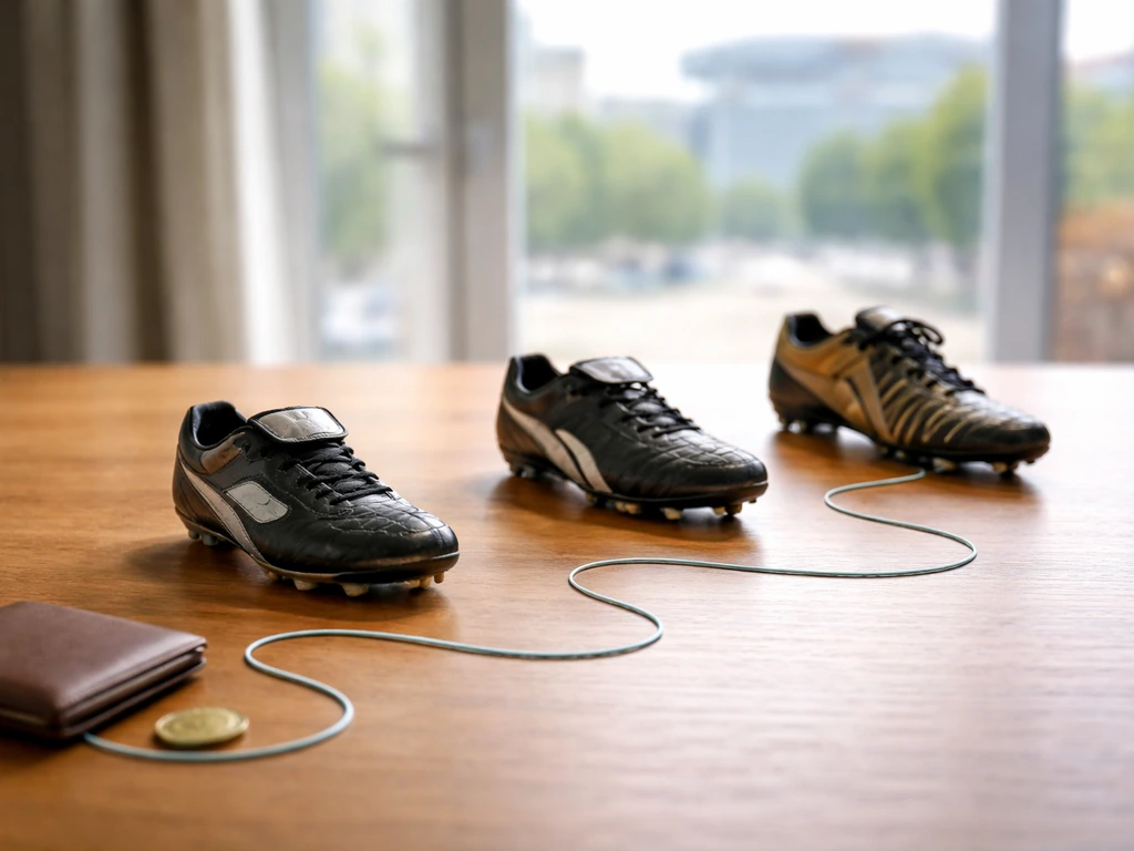 Empty desk with three football boots and a coin, with light thread suggesting a career progression path.