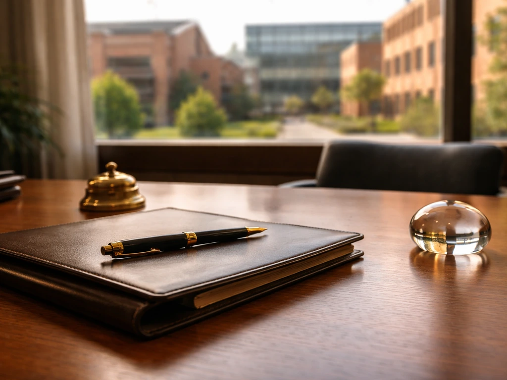Minimal executive-style office desk with luxury items and a blurred industrial building outside the window.