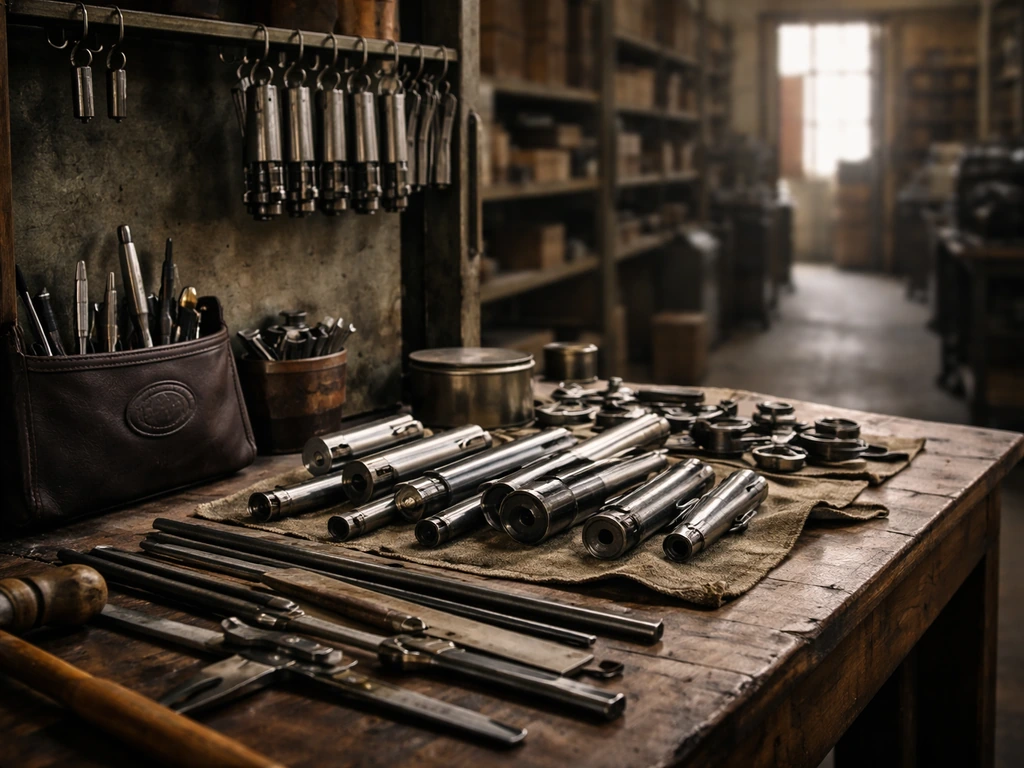 Minimal view of an Italian workshop workbench with steel parts and soft factory light.