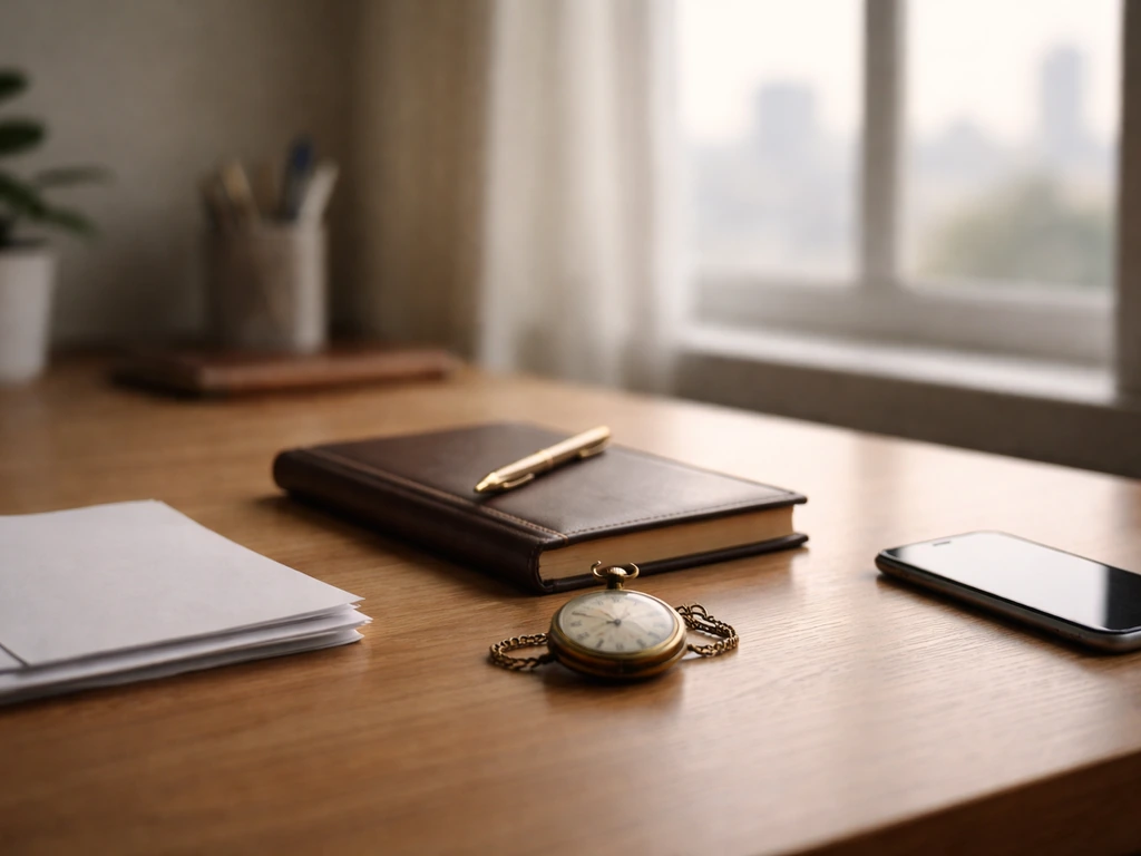Minimal office desk with a pocket watch and notebook, symbolizing a wealth-building timeline with no text.