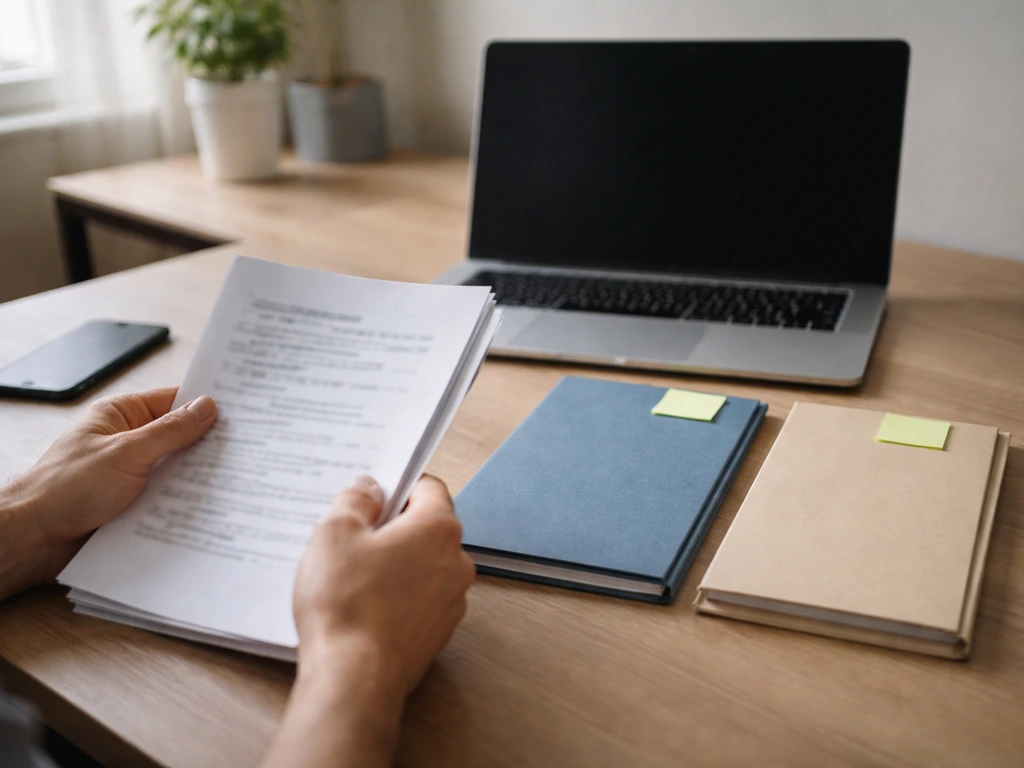 Hands comparing two stacks of financial papers on a desk beside a laptop in natural light.