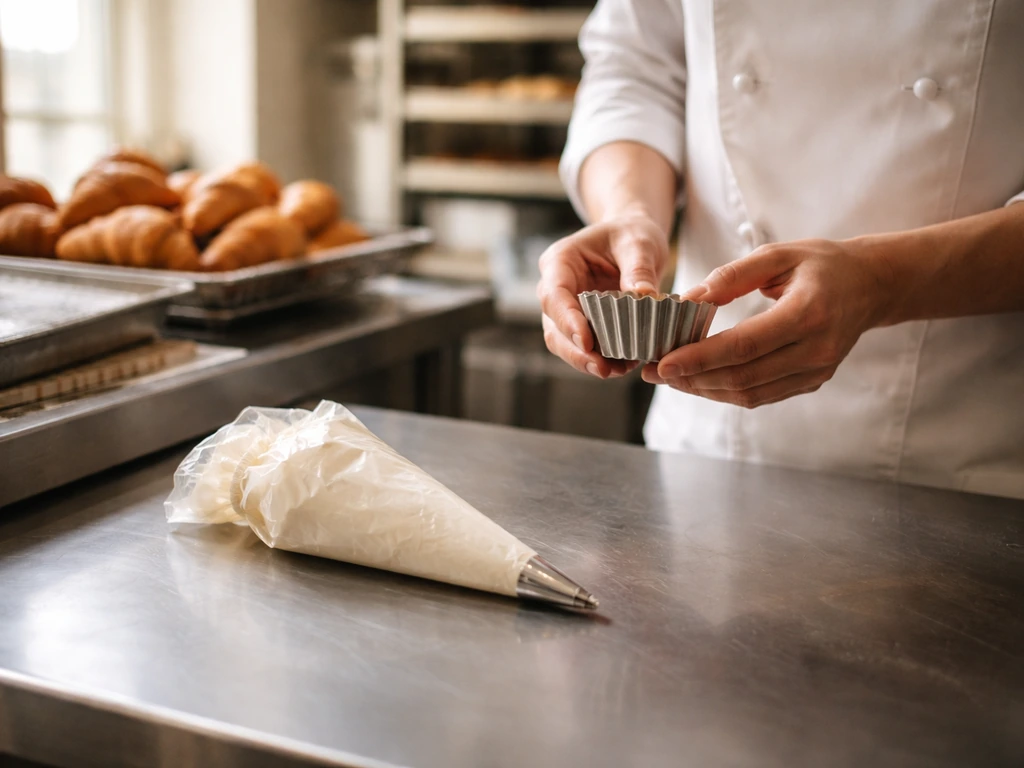 Anonymous pastry chef’s hands with molds and piping bag in a softly lit pastry kitchen.