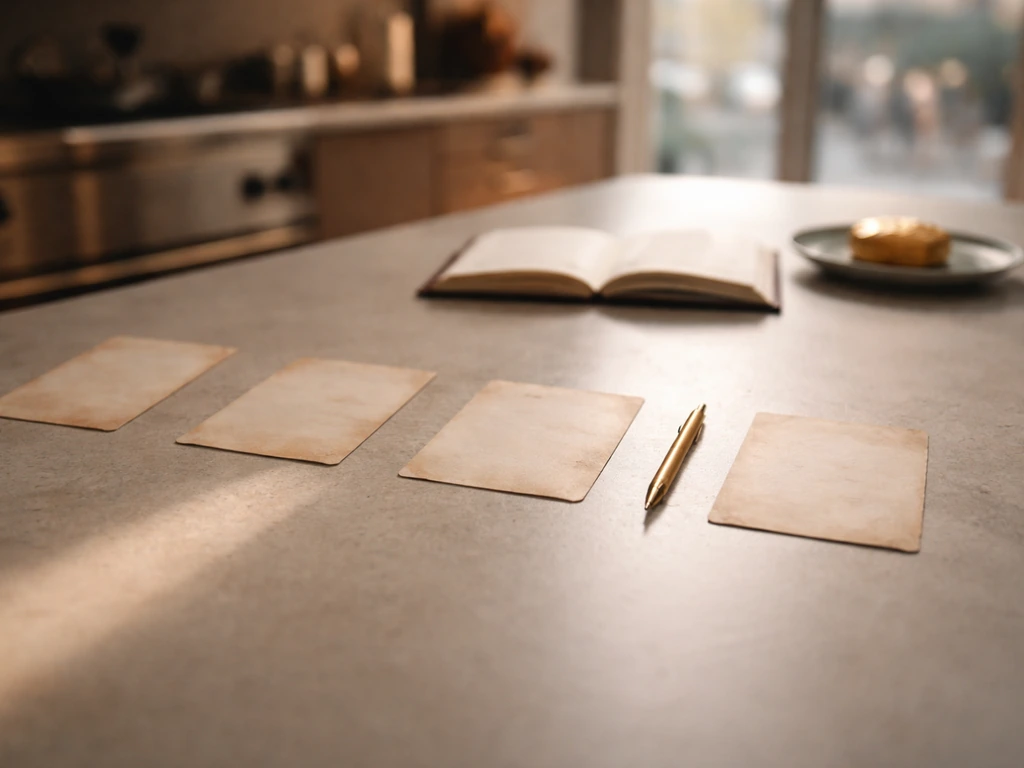 Minimal tabletop with milestone-like cards, pen, and a pastry, softly lit to suggest a career timeline.
