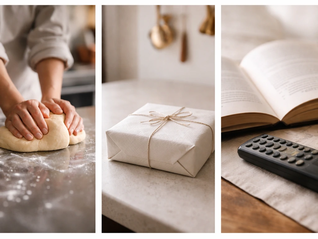 Three-frame photo collage: pastry kitchen close-up, branded-style package, and cookbook/TV prop items
