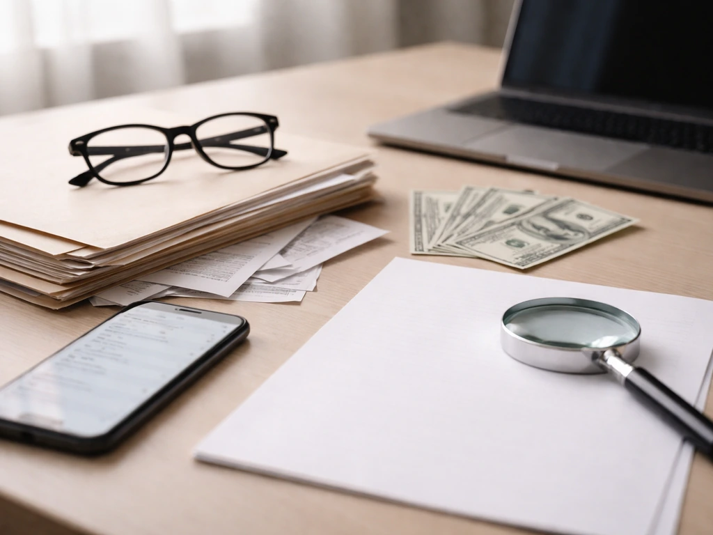 Minimal desk scene with documents and money cues, suggesting how to verify a net worth estimate.