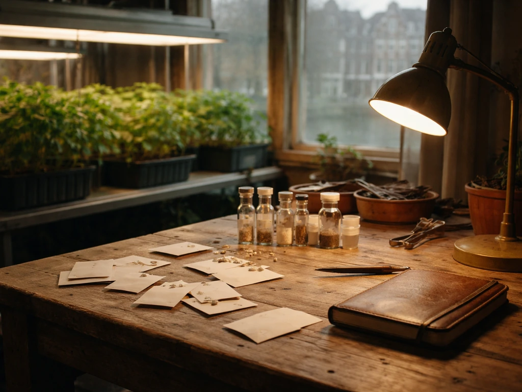 Vintage Amsterdam greenhouse seed company workbench with cannabis genetics gear and tools, late 1990s vibe