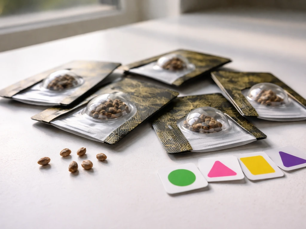Close-up of cannabis seed packs and loose seeds on a clean lab bench, hinting at strain genetics sales