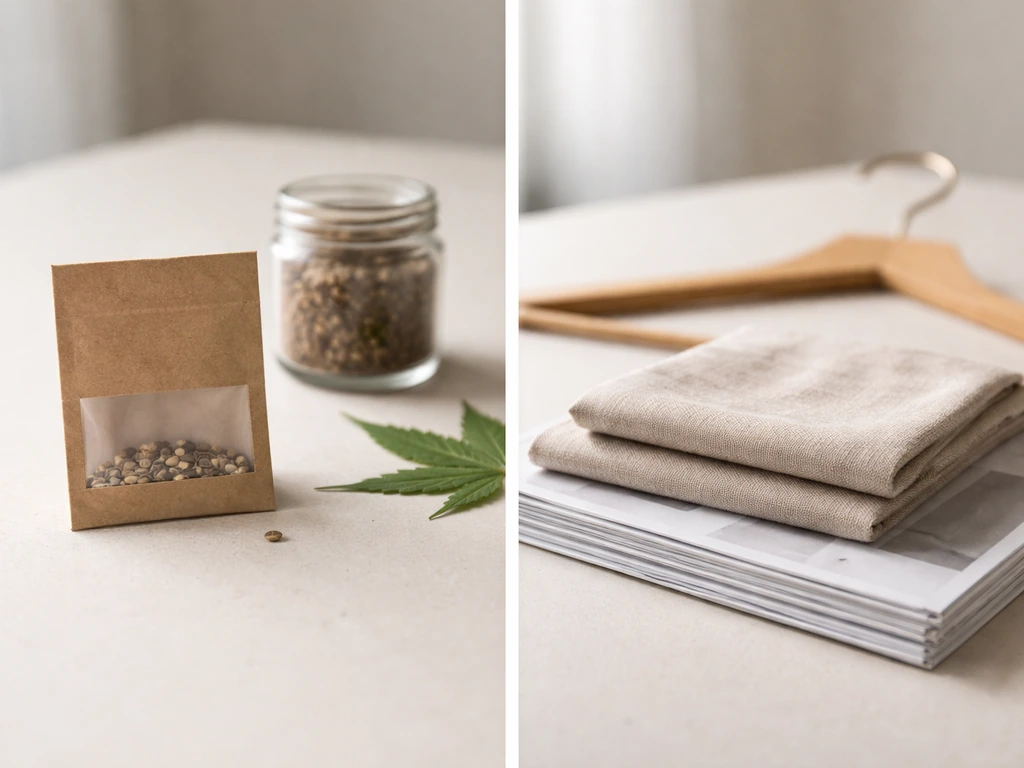 Minimal desk scene with two side-by-side anonymous card placeholders hinting cannabis vs fashion categories.