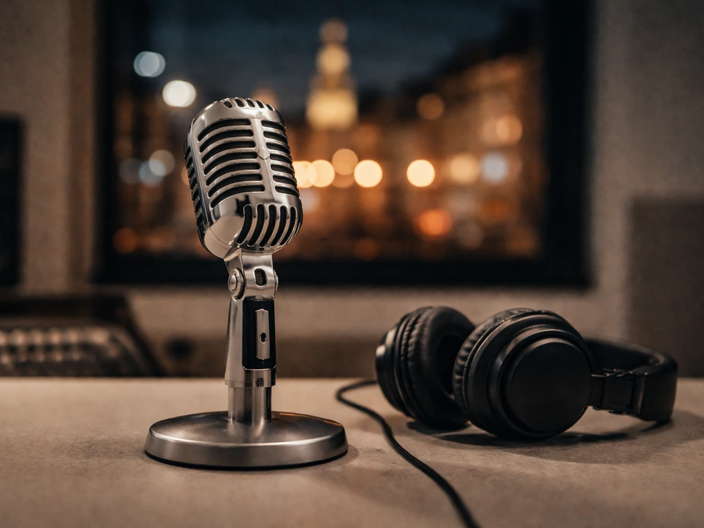 Close-up of a vintage microphone on a studio desk with soft city lights reflecting, symbolizing a music star identity se