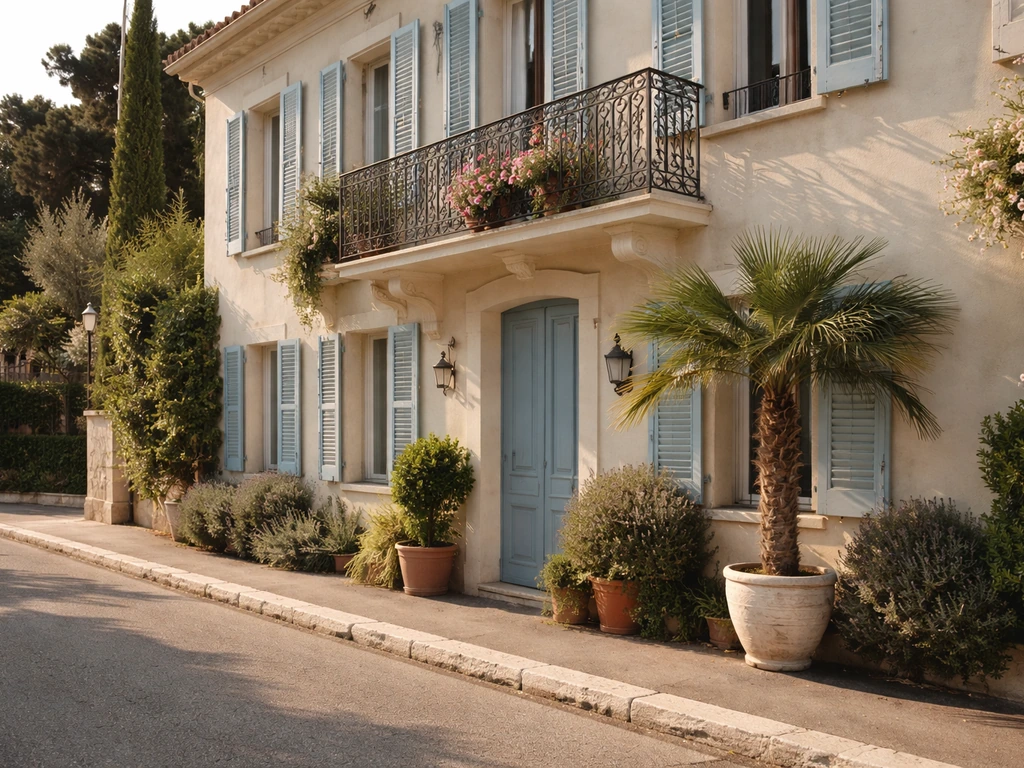 Sunlit Antibes-style villa exterior with Mediterranean shutters, conveying luxury real-estate context.