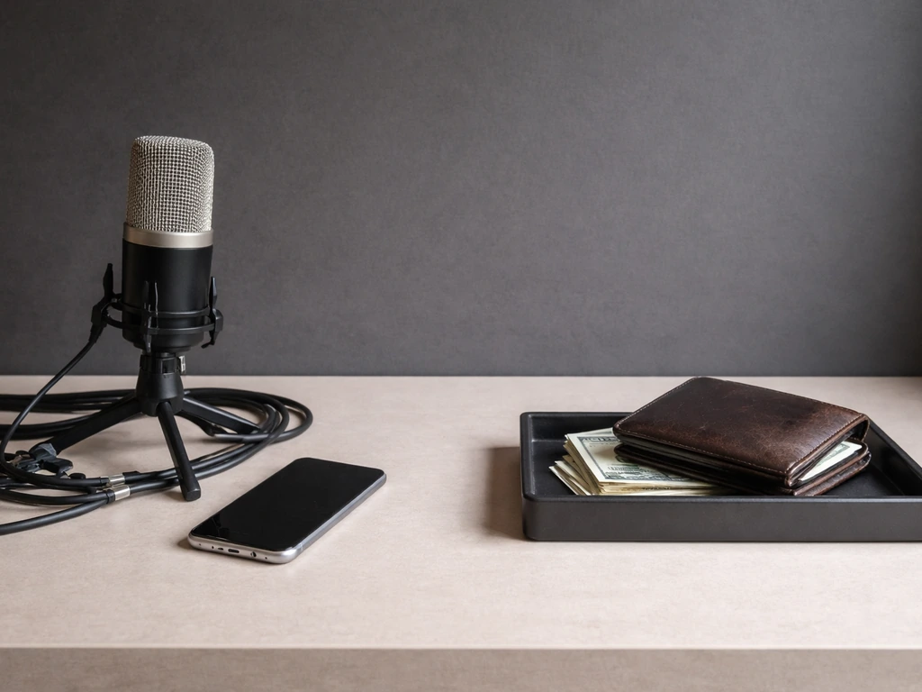 Minimal studio desk with microphone and wallet, symbolizing ongoing income streams vs accumulated assets.