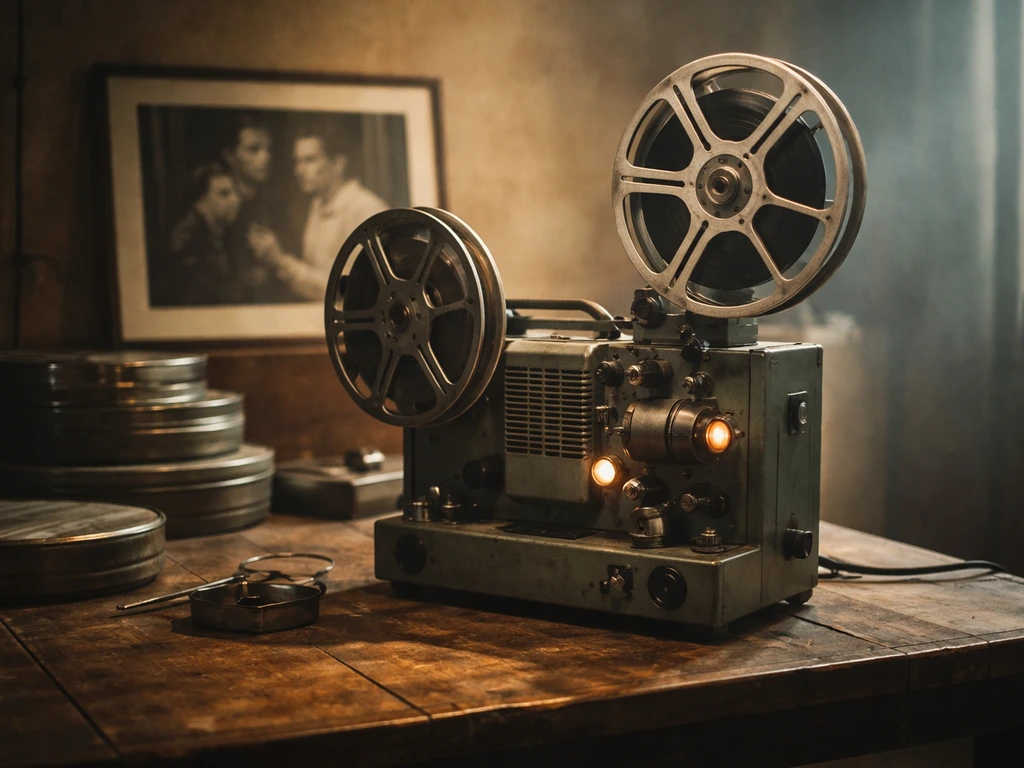 Vintage film projector and reels in an Italian film studio, evoking classic cinema and wealth.