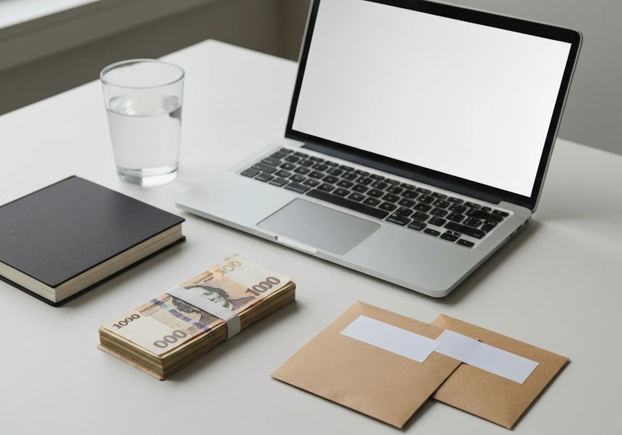 Minimal desk with cash and an off-screen laptop suggesting a net worth estimate range, no text.