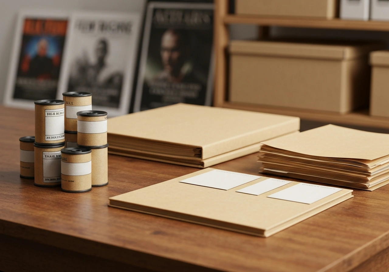 Close-up of film canisters and archival rights documents on a wooden desk, suggesting catalog ownership