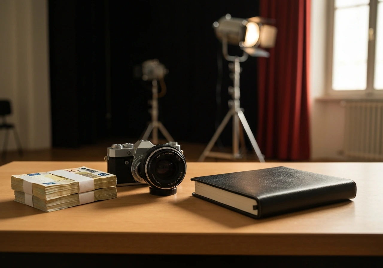 Minimal photo of a film studio desk with money and a camera lens, symbolizing film-industry wealth context
