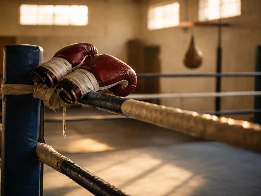 Empty boxing gym corner with gloves and speed bag, warm natural light, no people or text.