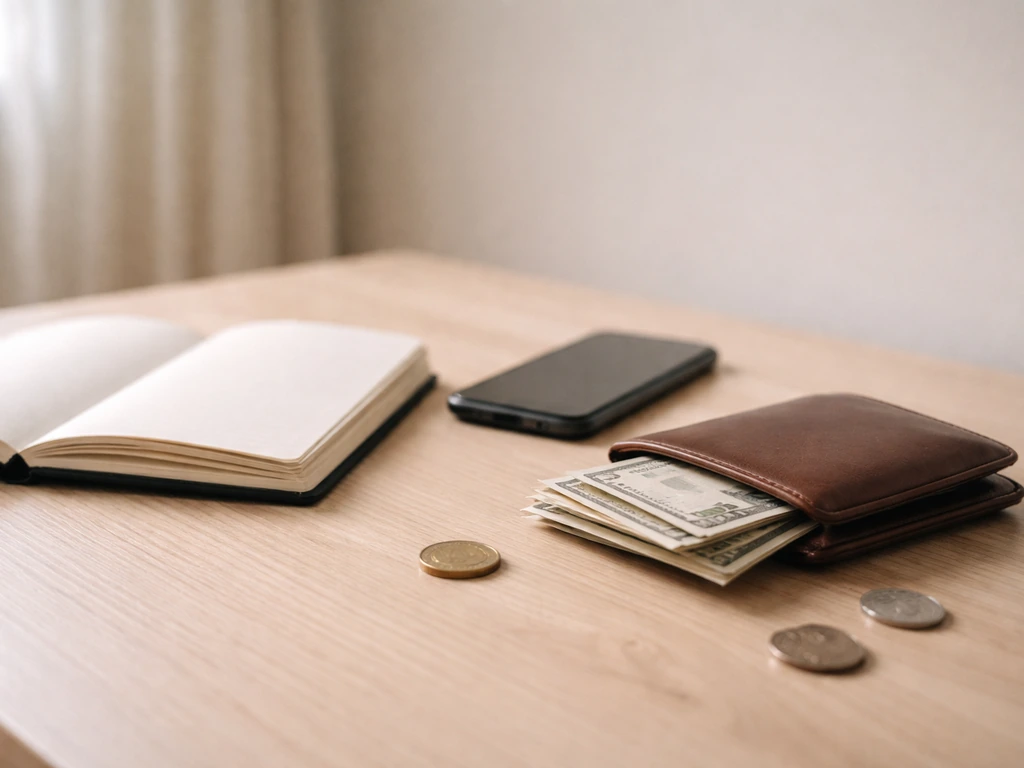 Minimal home-office desk with cash and coins, softly lit to suggest an estimated money range.