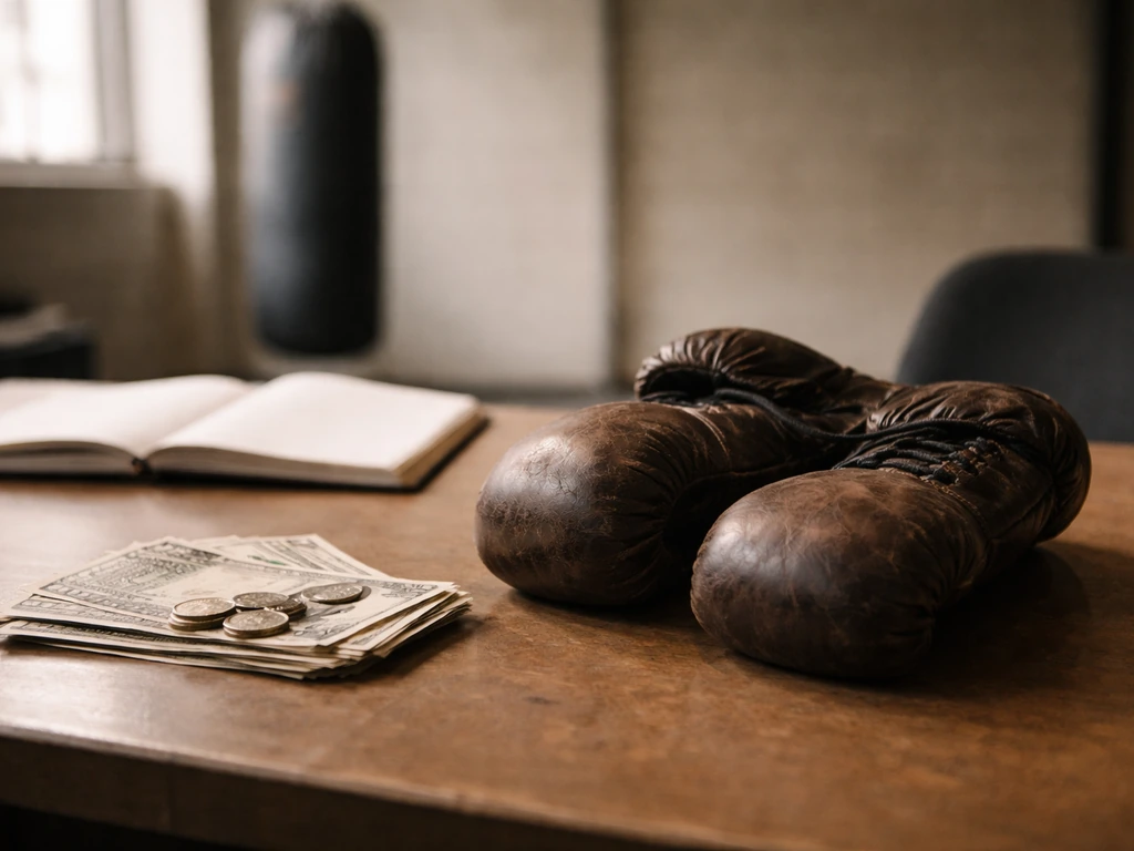 Minimal photo of a boxing trainer’s office desk with cash and a pair of boxing gloves, symbolizing fight earnings.