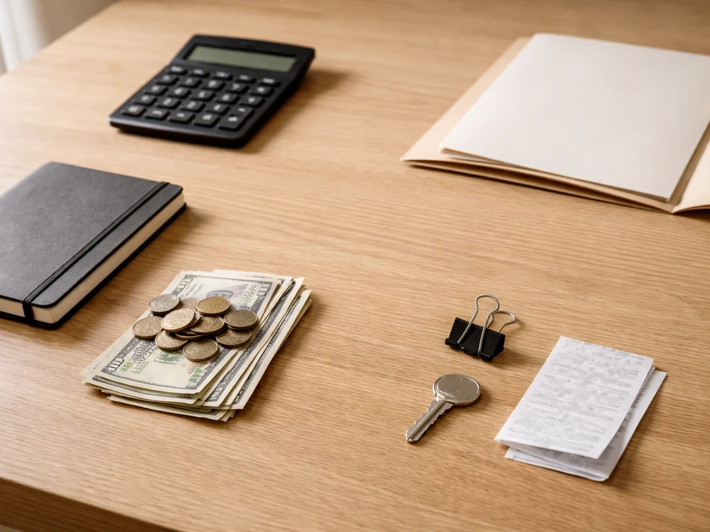 Minimal desk scene showing money, a notebook, and a calculator with soft light suggesting net worth calculation.