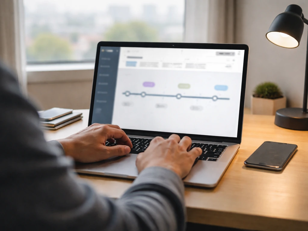 Entrepreneur working at a laptop with abstract milestone timeline on a screen, suggesting startup growth.